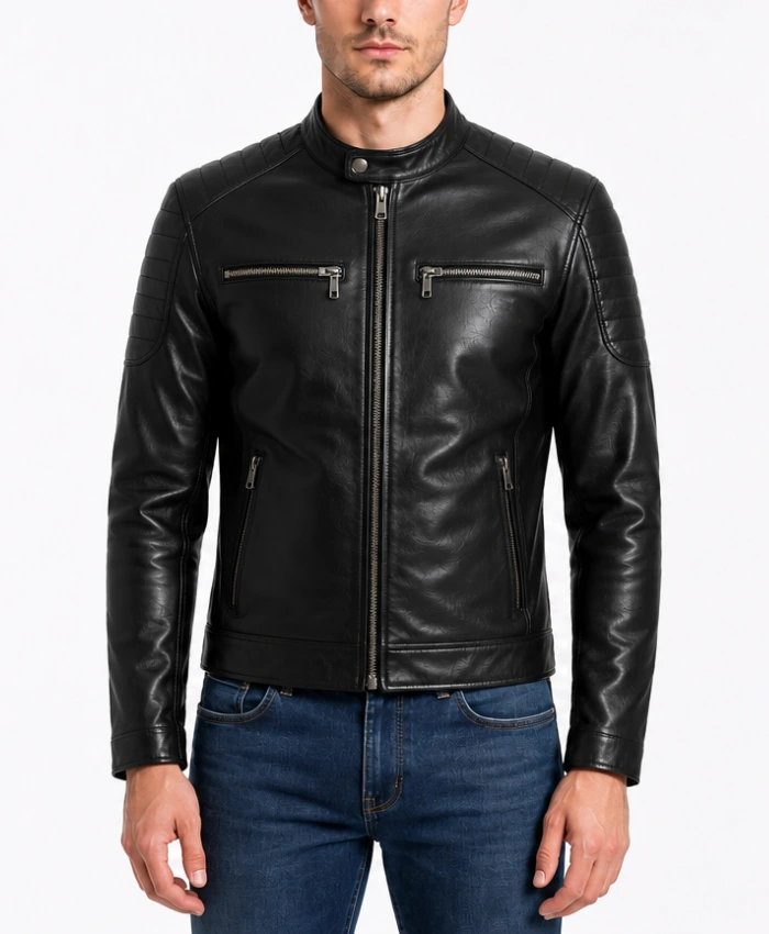 Mens Biker Cafe Racer Slimfit Leather Jacket in Black