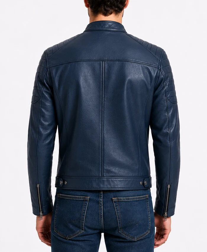 Biker Cafe Racer Slimfit Blue Leather Jacket for Mens