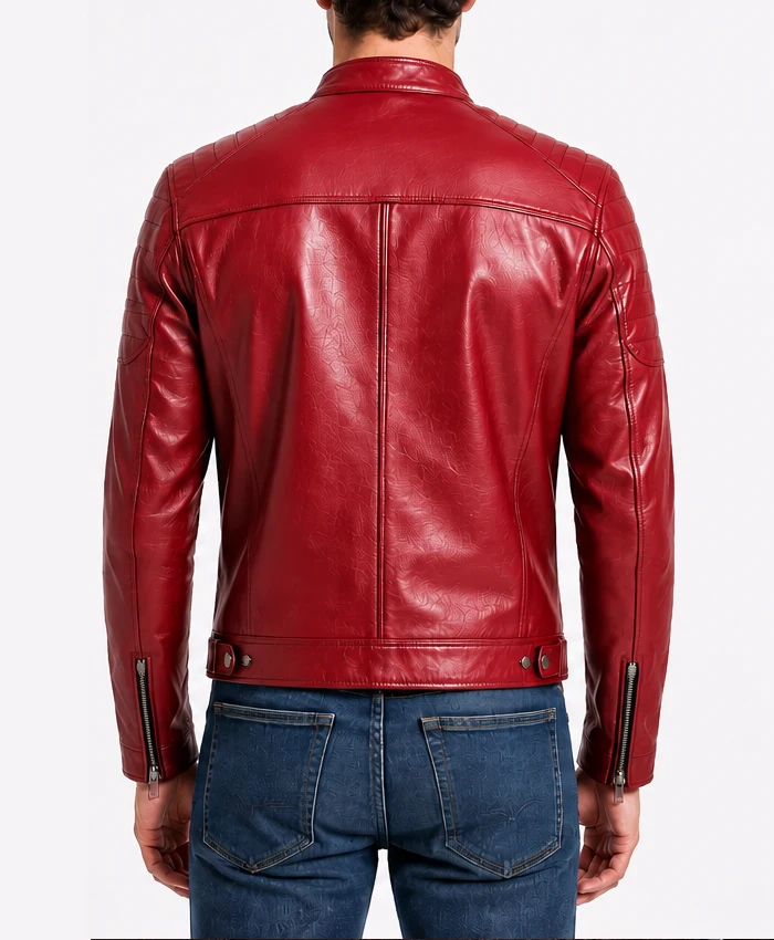 Mens Biker Cafe Racer Slimfit Red Leather Jacket