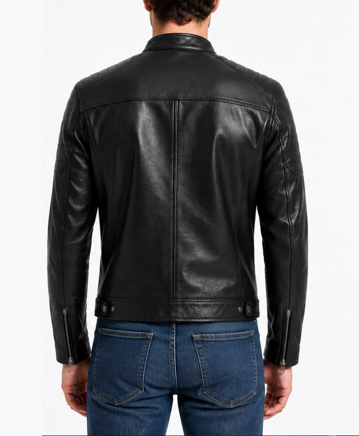 Mens Biker Cafe Racer Slimfit Black Leather Jacket