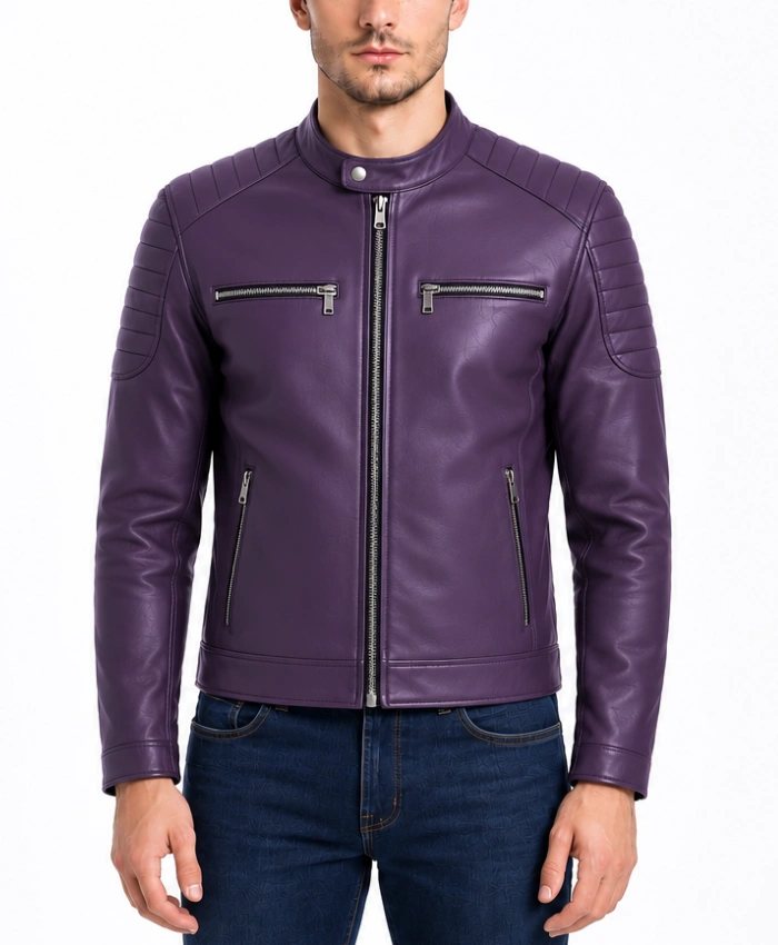 Mens Biker Cafe Racer Slimfit Leather Jacket In Purple