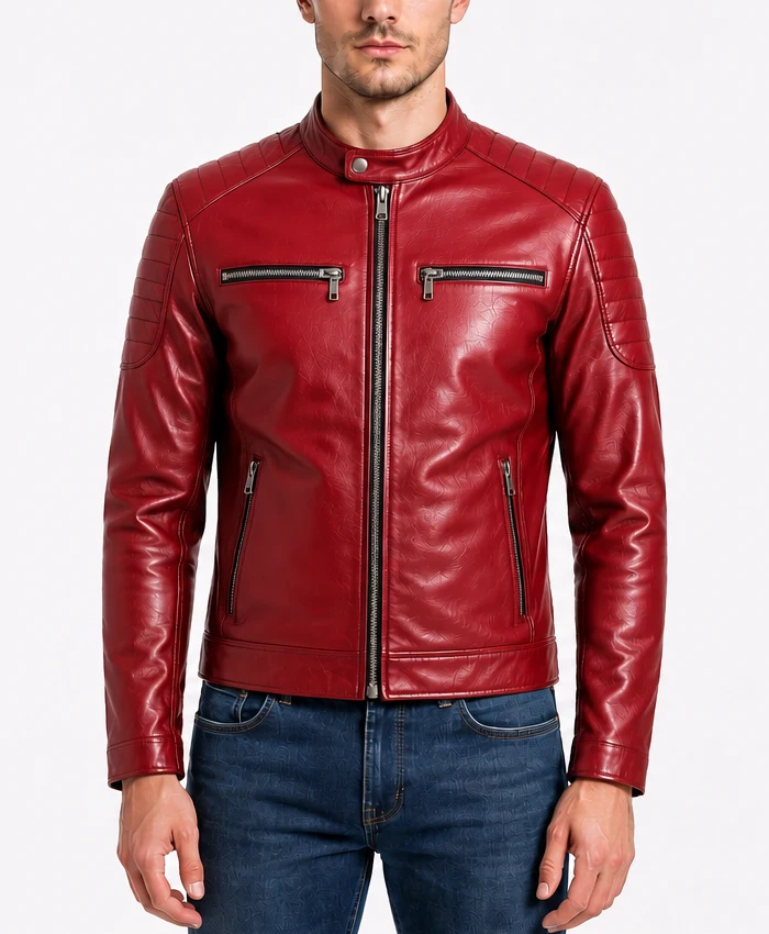 Mens Biker Cafe Racer Slimfit Leather Jacket for red
