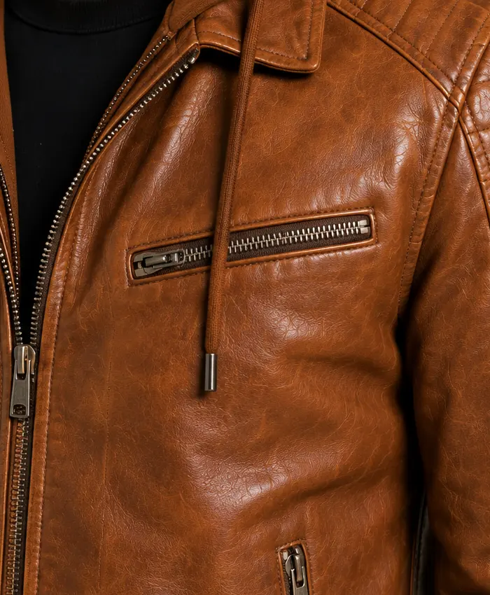 Mens Cognac Biker Leather Jacket with Attached Hood