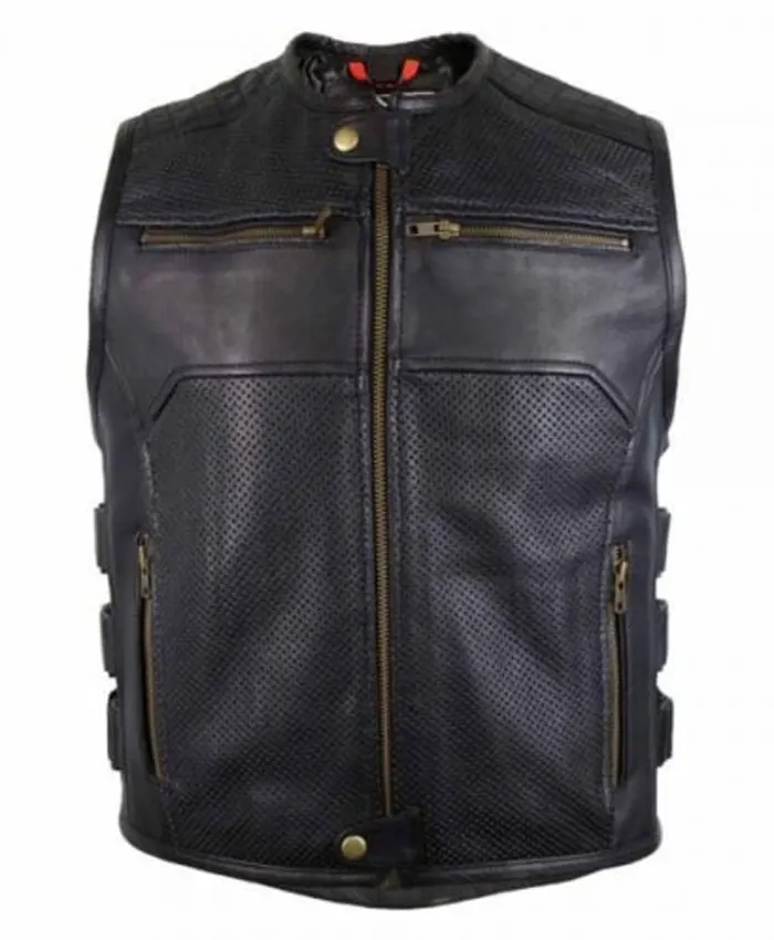Mens Biker Motorcycle Black Leather Vest