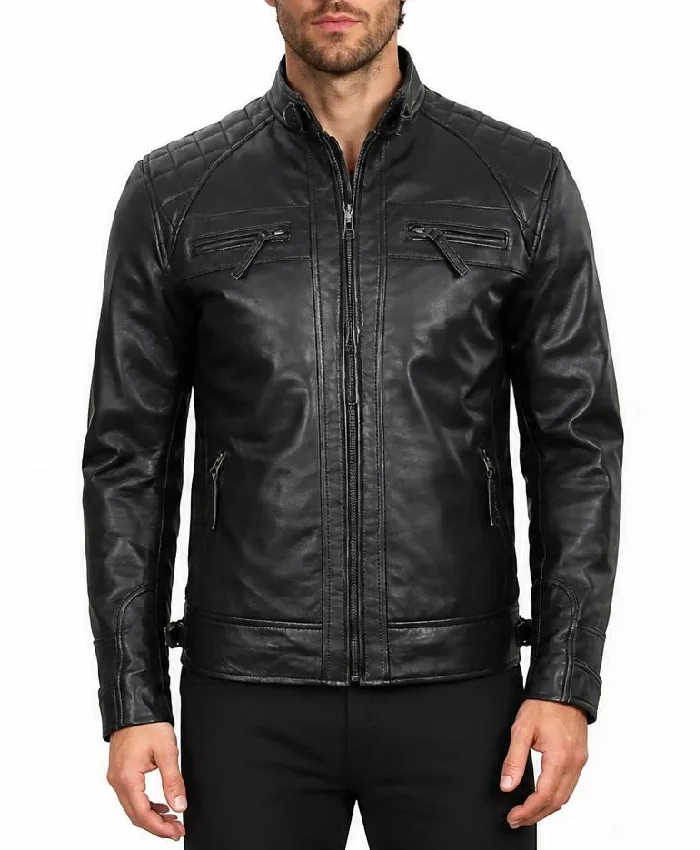 Mens Black Leather Biker Style Jacket