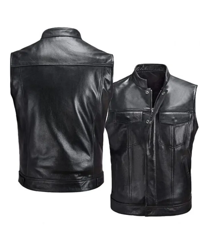 Mens Black Leather Gilet Vest