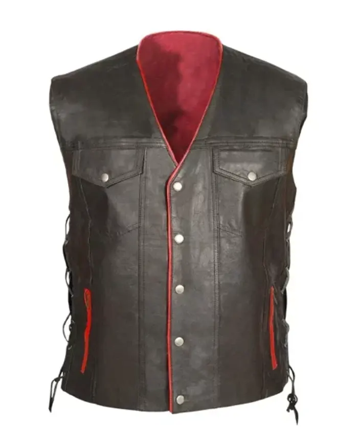 Mens Black Leather With Red Lining Vest