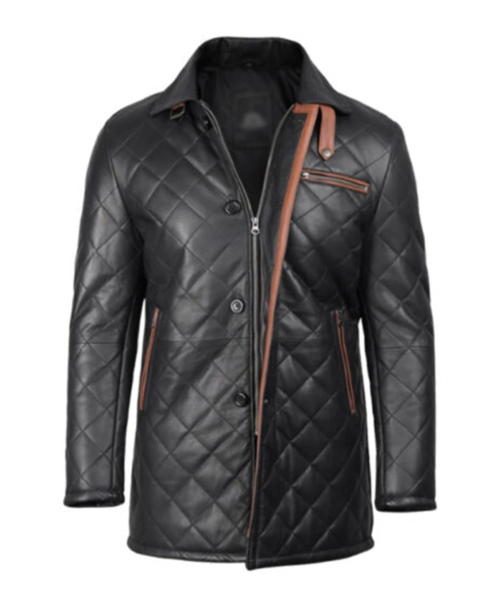 Men’s Black Quilted Leather Car With Brown Detailing Coat