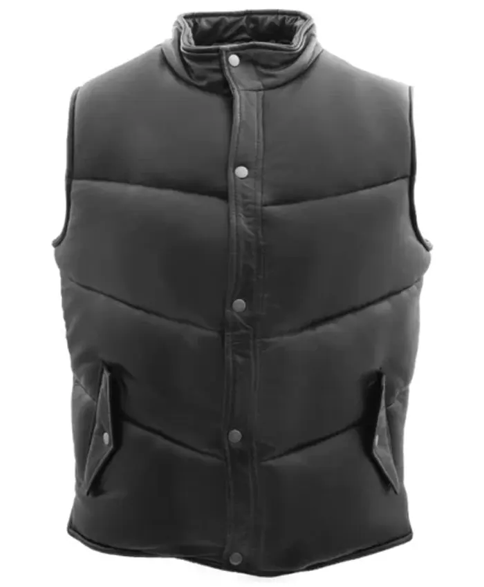 Mens Black Real Leather Puffer Vest