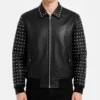 Mens Black Studded Sleeves Leather Bomber Jacket