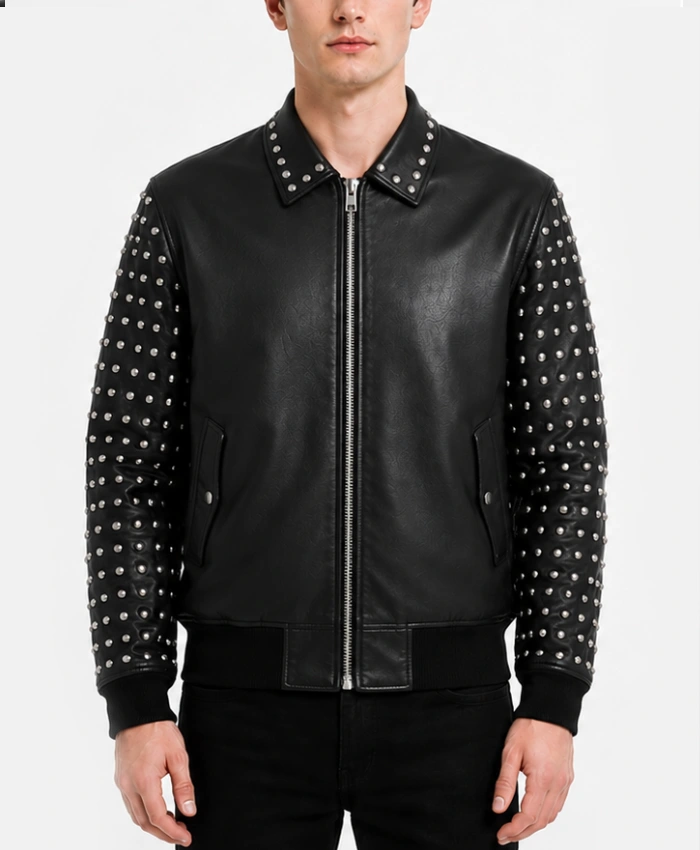 Mens Black Studded Sleeves Leather Bomber Jacket