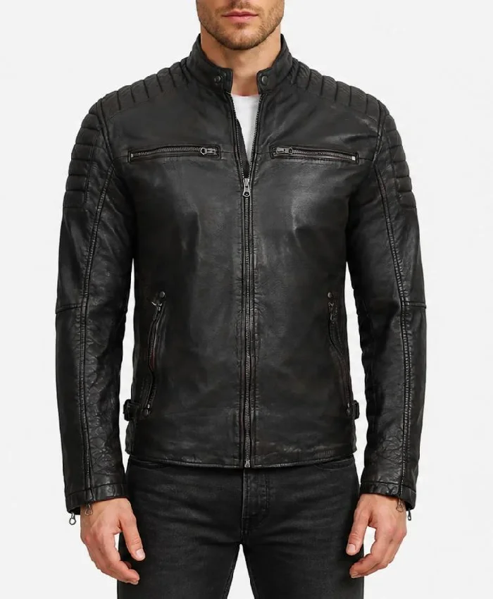 Mens Black Washed Maroon Tone Cafe Racer Leather Jacket