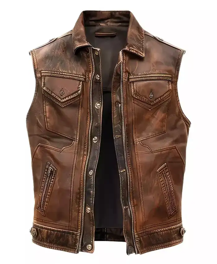 Mens Brown Distressed Leather Vest 1