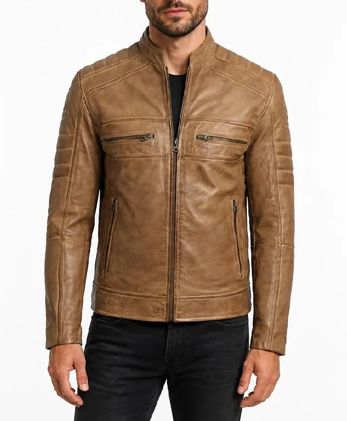 Mens Camel Biker Style Leather Jacket