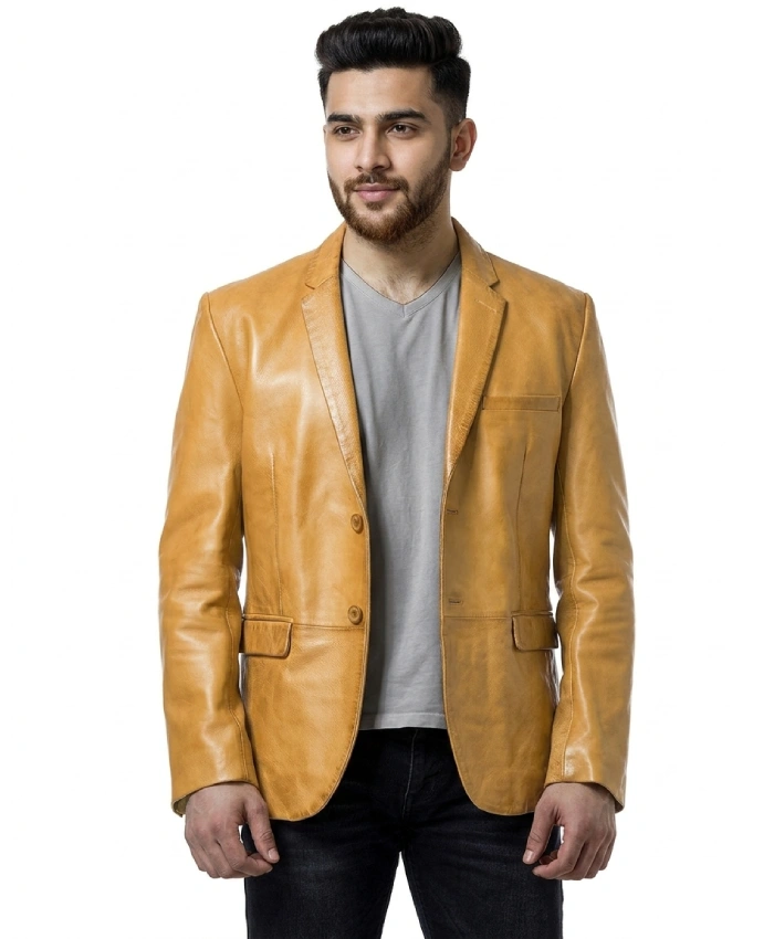 Men's Casual Genuine Leather Musturd Blazer