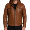 Cognac Mens Biker Leather Jacket with Attached Hood