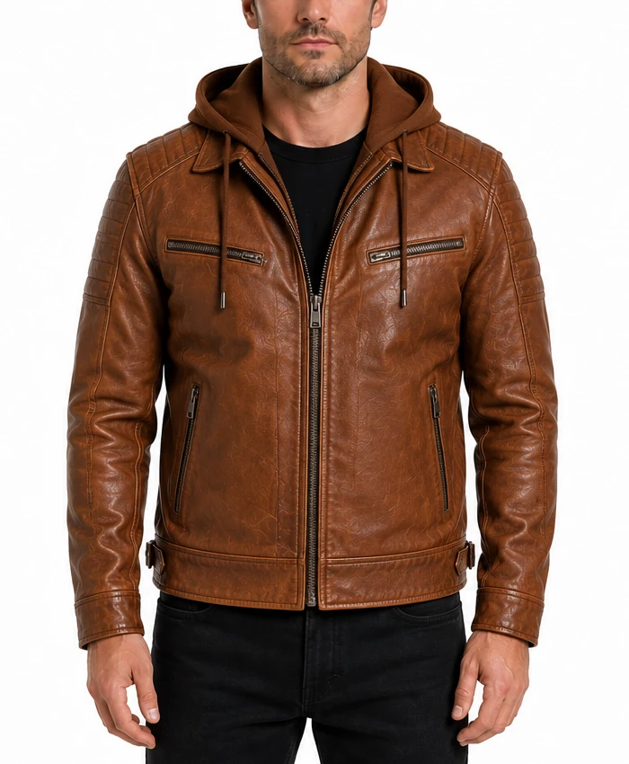 Cognac Mens Biker Leather Jacket with Attached Hood