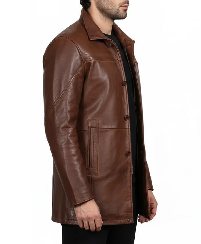 Mens Cognac Brown Lambskin Leather Car Coat