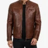 Mens Cognac Brown Quilted Biker Style Leather Jacket