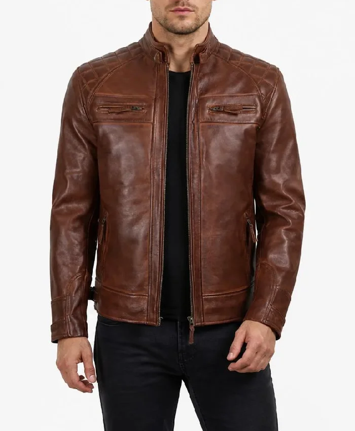 Mens Cognac Brown Quilted Biker Style Leather Jacket