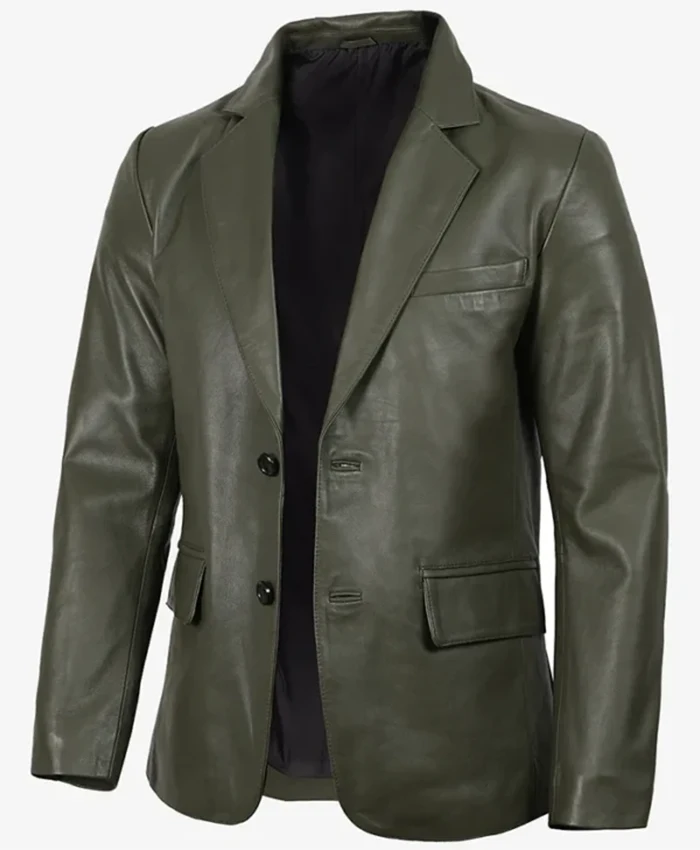 Mens Dark Green Genuine Leather Blazer
