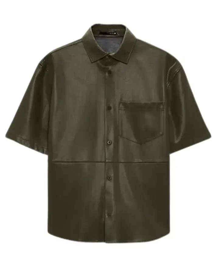 Mens Dark Green Leather Half Sleeves Shirt