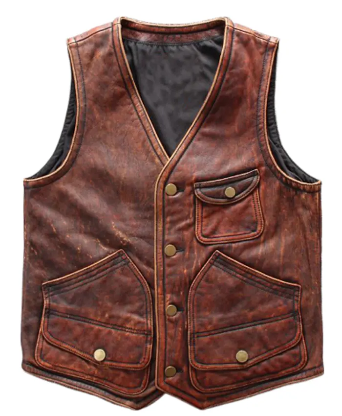 Mens Distressed Leather Brown Biker Vest