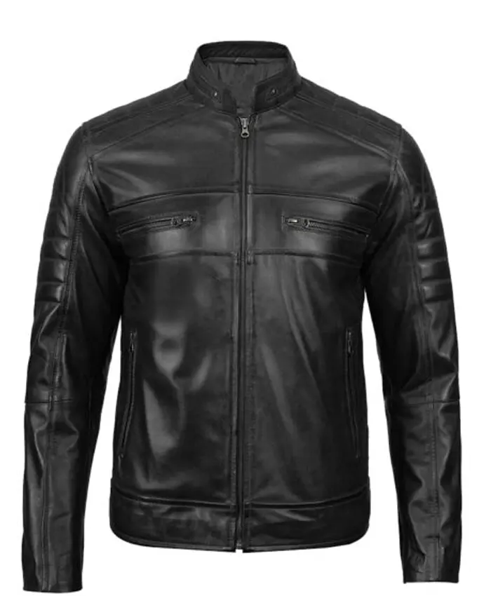 Mens Lambskin Leather Black Cafe Racer Jacket