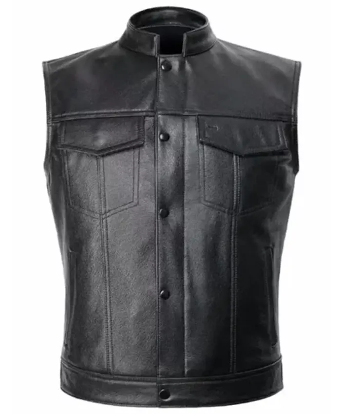 Mens Motorcycle Biker Black Leather Vest