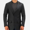 Mens Notch Lapel 2 Buttons Black Lambskin Leather Blazer