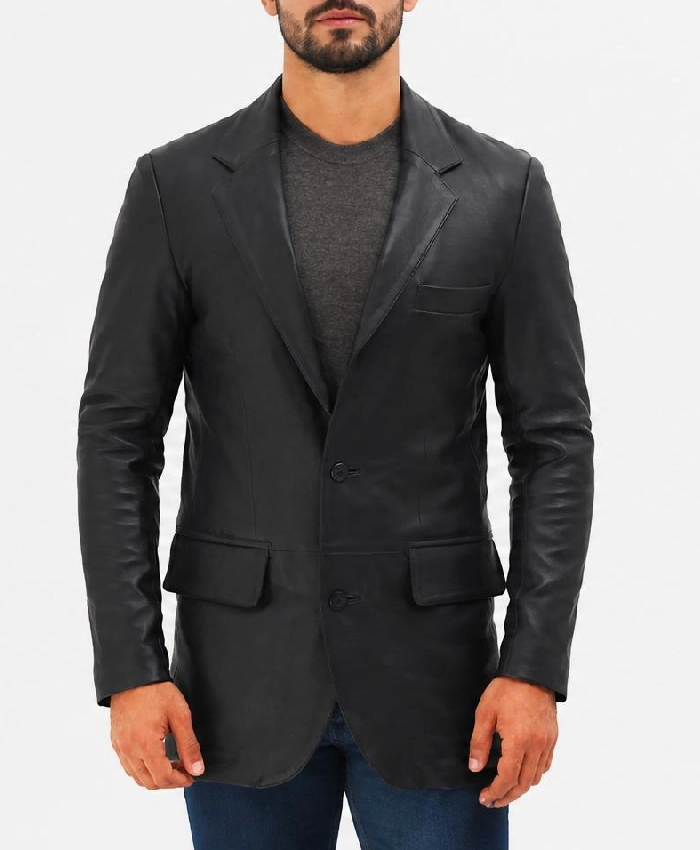 Mens Notch Lapel 2 Buttons Black Lambskin Leather Blazer