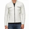 Mens Off White Biker Style Leather Jacket - Mandarin Collar