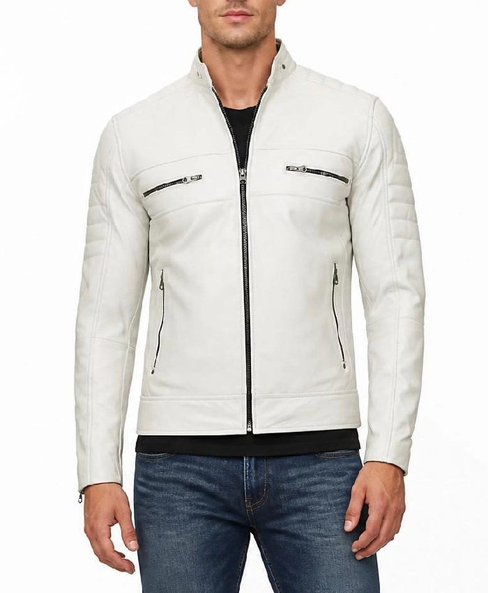 Mens Off White Biker Style Leather Jacket - Mandarin Collar