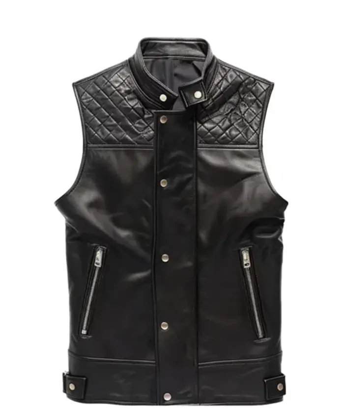 Mens Quilted Black Style Leather Vest