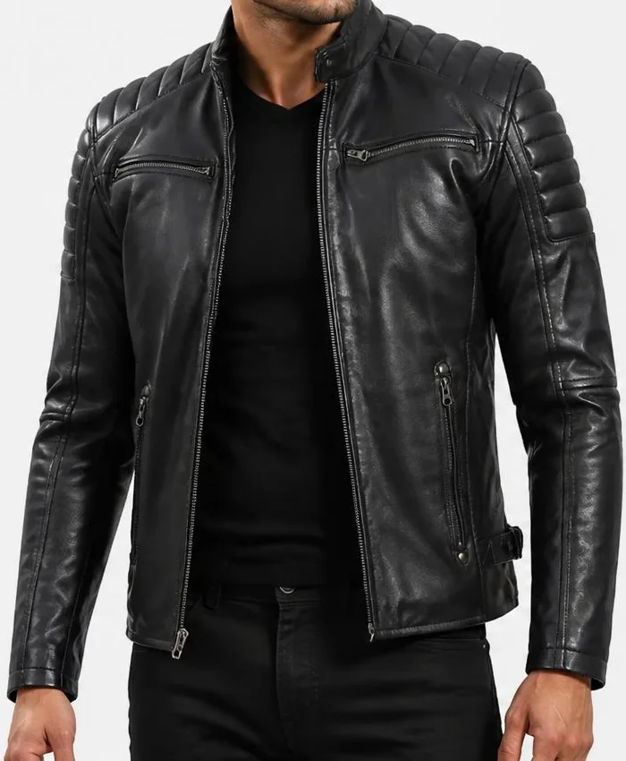 Mens Real Leather Black Biker Style Jacket