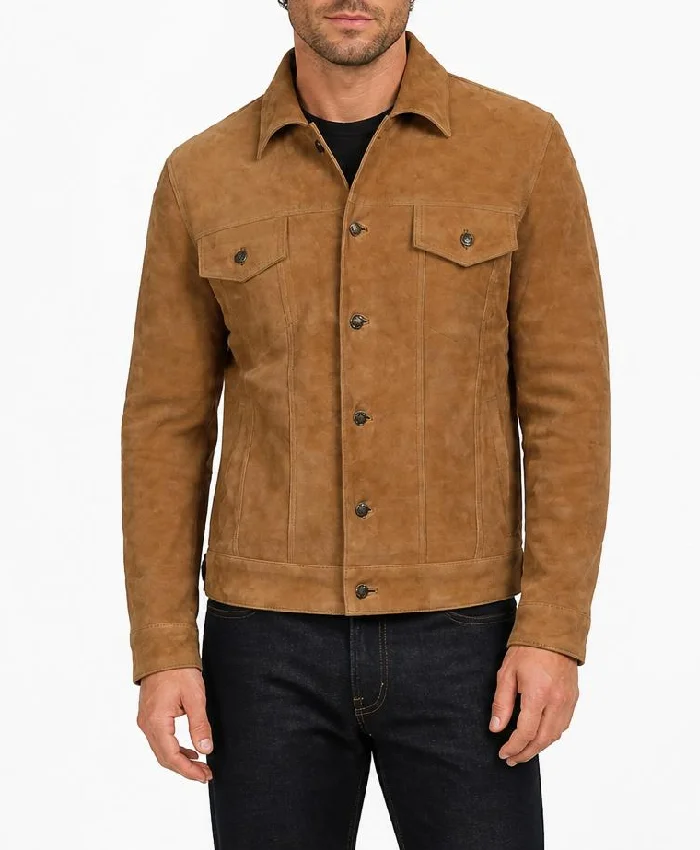 Mens Real Suede Tan Trucker Jacket