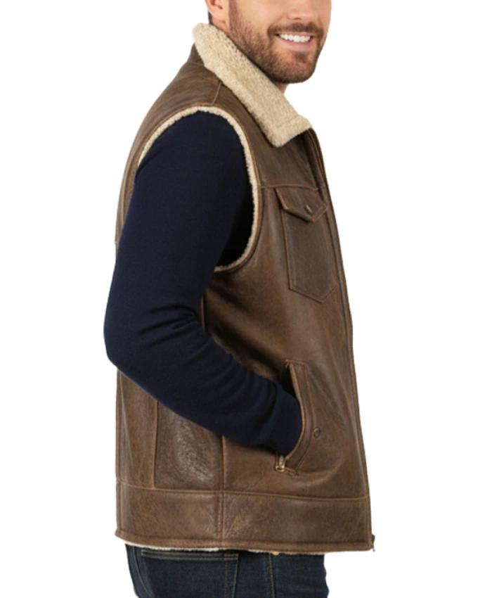 Mens Sherpa Leather Vest - Image 2