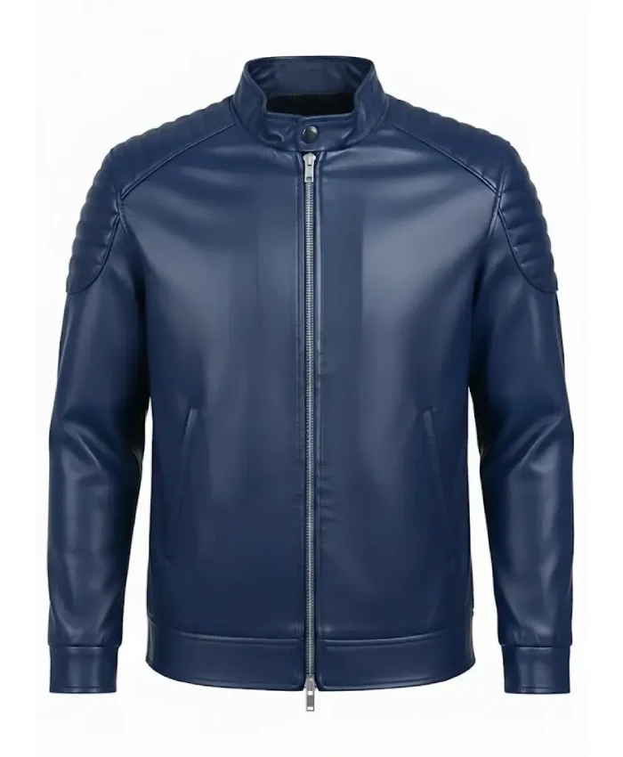 Mens Slim Fit Blue Biker Jacket