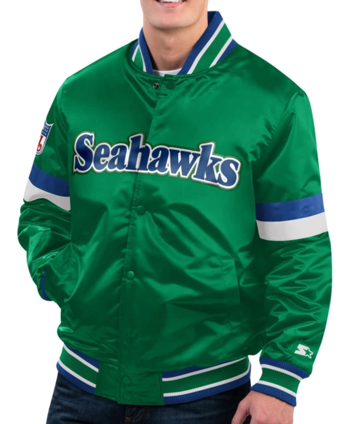 Mens Starter Green Seattle Seahawks Gridiron Classics Home Game Satin Full Snap Varsity Jacket