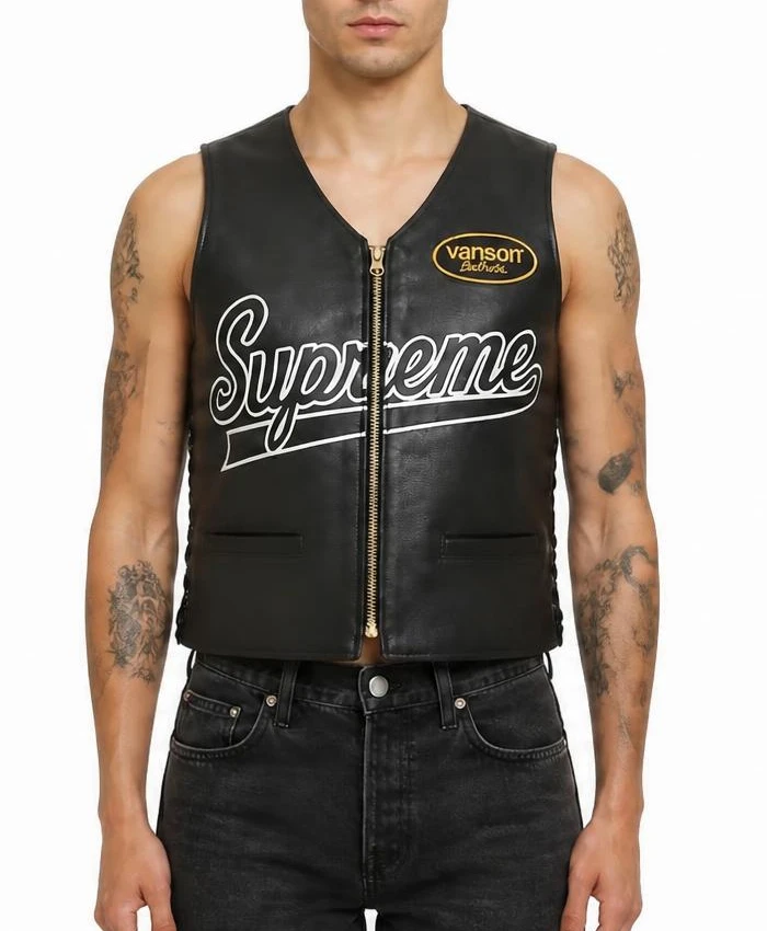 Mens Supreme x Vanson Spider Web Leather Black Vest