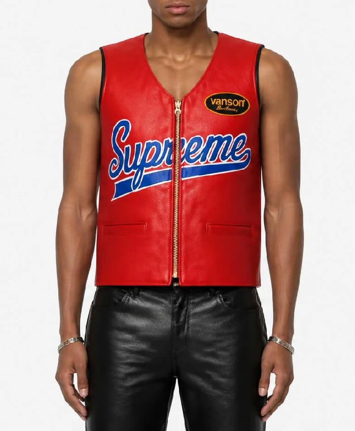 Mens Supreme x Vanson Spider Web Leather Red Vest