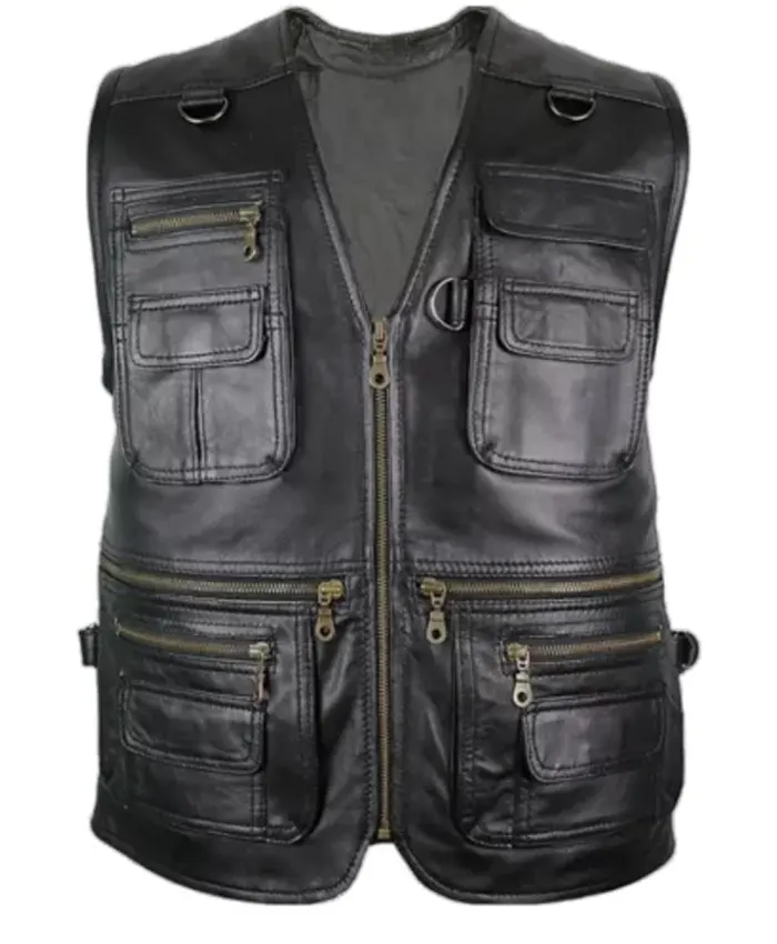Mens V Neck Hunting Black Leather Vest