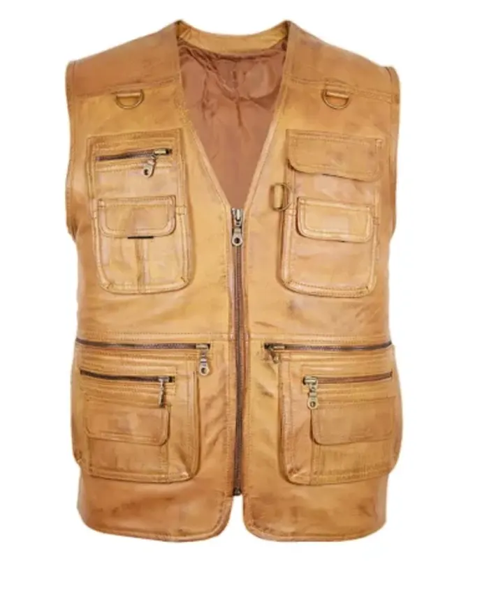 Mens V Neck Hunting Brown Leather Vest