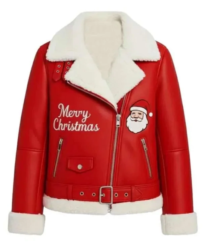 Merry Christmas Red Shearling Santa Claus Leather Jacket