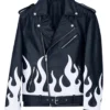 Meteor Flames Asymmetrical Zipper Black Leather Biker Jacket