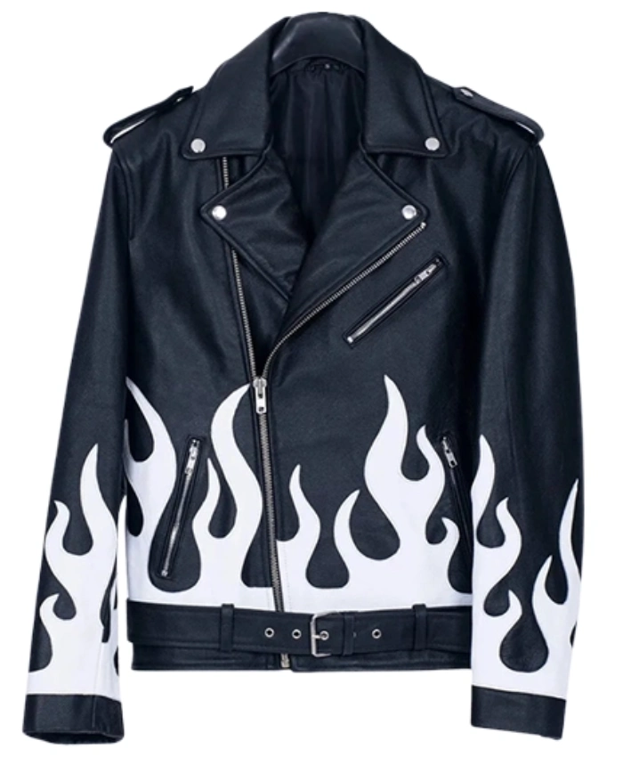 Meteor Flames Asymmetrical Zipper Black Leather Biker Jacket