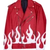 Meteor Flames Asymmetrical Zipper Red Leather Biker Jacket