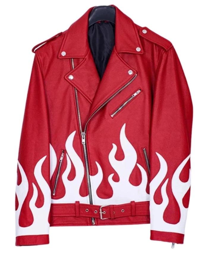 Meteor Flames Asymmetrical Zipper Red Leather Biker Jacket