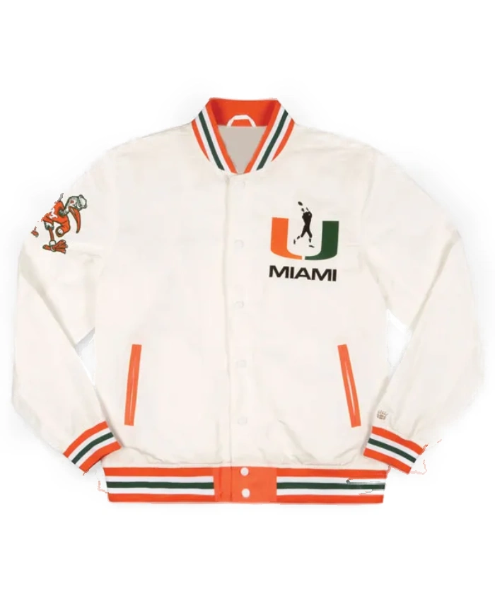 Miami Hurricanes Football Full Snap White Bomber Varsity Jacket