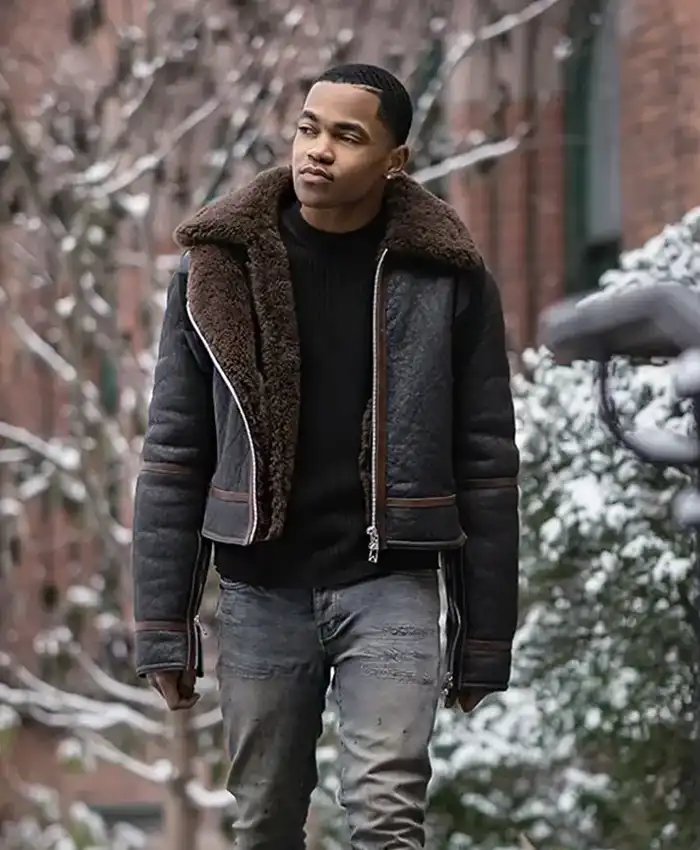 Michael Rainey Jr Power Book II Ghost Season 02 Tariq St Patrick Brown B3 Bomber Shearling Fur Leather Jacket